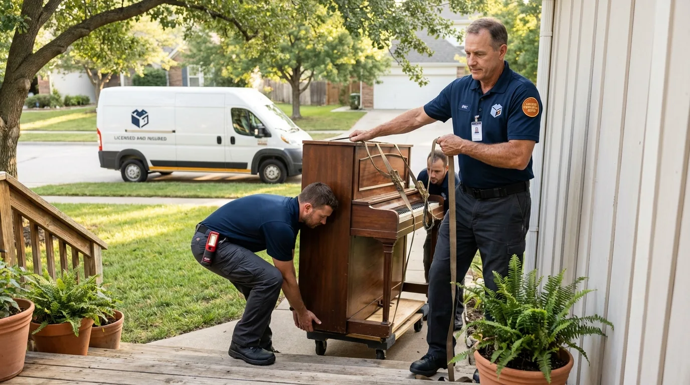 Licensed piano movers securing grand piano in Milford, NJ