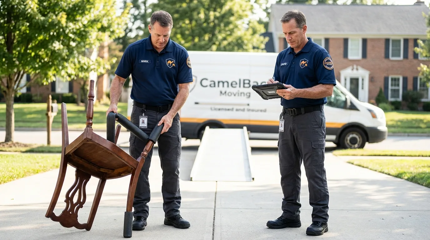 Movers inspecting furniture for damage prevention before loading in Milford, NJ