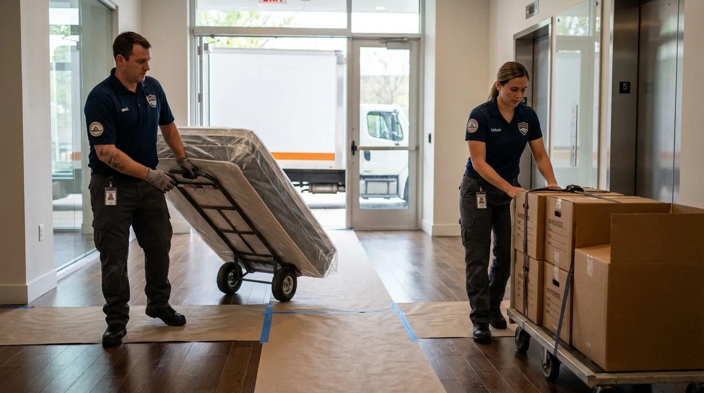 Professional apartment movers loading elevator in Milford, NJ